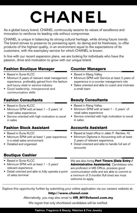 chanel vacancy|Chanel customer service job.